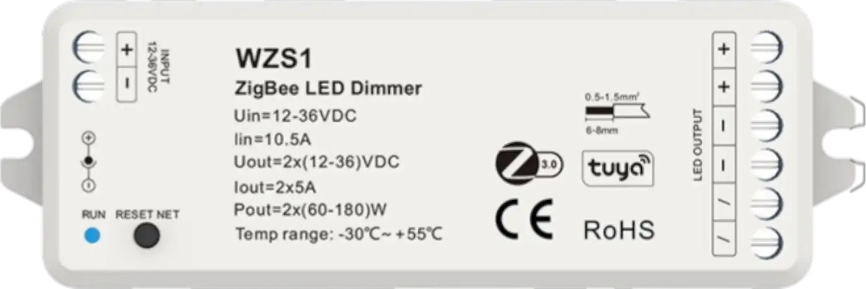Akubela LED Dimmer WZS1, ZigBee 3.0, flicker-free dimming, brightness adjustment, 2 Output
Channels, IP20 Rating.